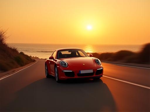 Porsche 911 driving along a scenic Mumbai coastline at sunset